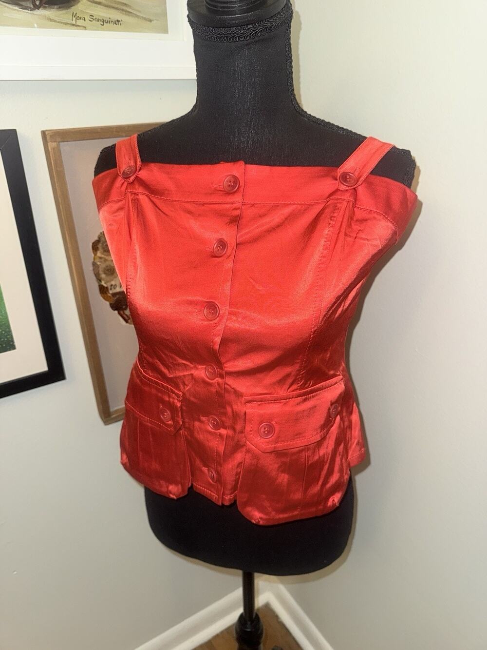 NWT Frankie Morello Red Satin Corset Top Sz L Sleeveless Button Front Pockets